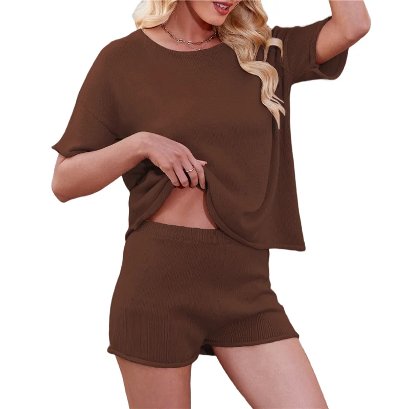 ABRT-Womens Knit 2 Piece Sets Raw Edge Rolled Short Sleeve Tops And Shorts Loungewear Set Travel Outfits
