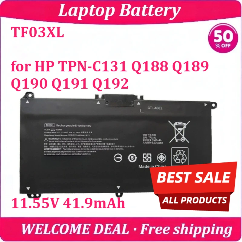 [Nuevo] Batería TF03XL para Portátil HP TPN-C131 Q188 Q189 Q190 Q191 Q192, 11.55V 41.9mAh, Batería de Litio de Repuesto de Alta Capacidad