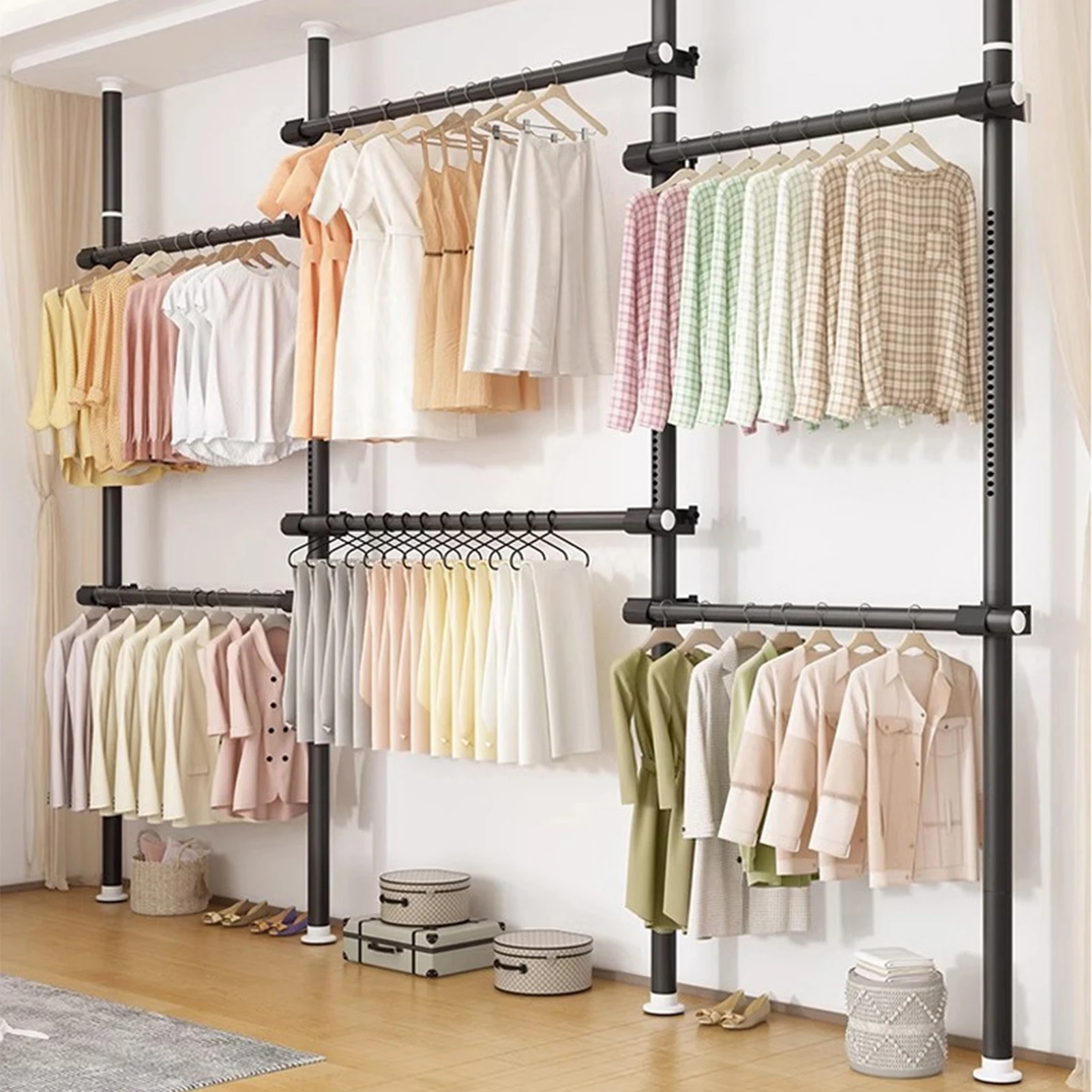 Robuste Teleskop-Kleiderstange aus Metall, offener Kleiderschrank mit 6 Kleiderstangen und modularem Aufbewahrungsregal, geeignet für Apartments, Hotels und Zuhause