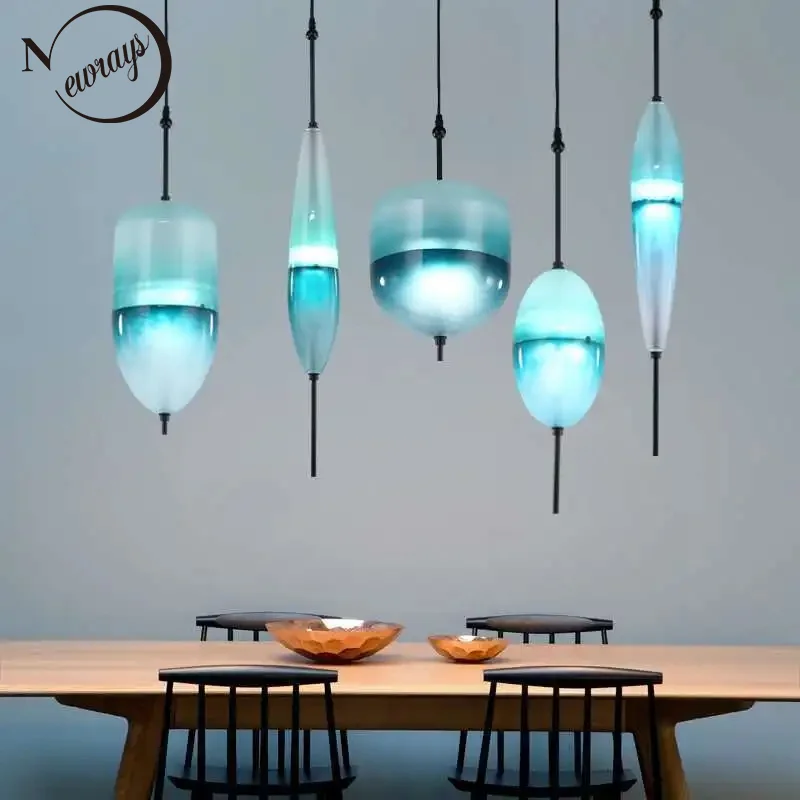 

Nordic modern teardrop-shaped blue glass pendant light LED art deco simple white hanging lamp for living room restaurant kitchen