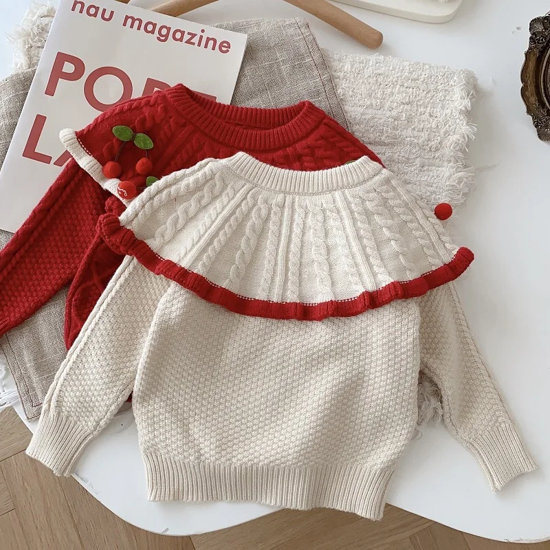 Princess Kids Baby Girl Sweater 0-5Years Children Long Sleeve Cape Collar Cherry Knitted Pullover Jumper Outwear Autumn Clothes