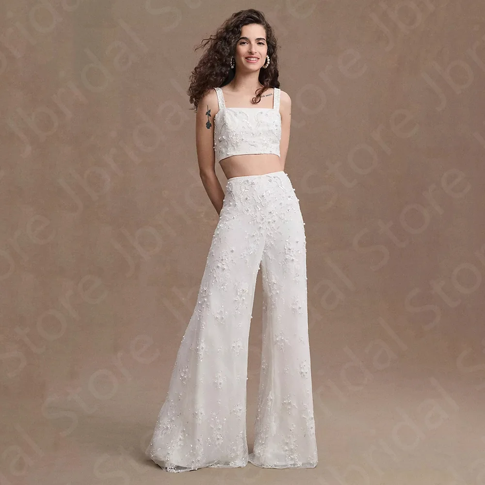 

New Unique 2024 Wedding Dresses Pants Suit Bridal Gowns Sleeveless Lace Bride Dress Square Neckline Wedding Gowns Two Pieces