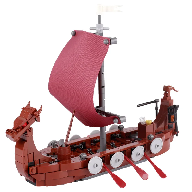 MOC Medieval Military Wars Trireme Battleship Viking Longship Building Blocks Set Sodiers Figures Boat Sailboat Toy For Children