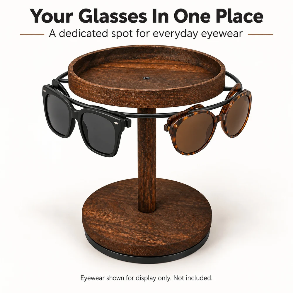 Zoe Eyeglass Display Stand 360 Degree Rotating Sunglasses Organizer Solid Wood Eyeglass Holder Stand With Tray Glasses Display Rack For Dresser Vanity Nightstand And Desk