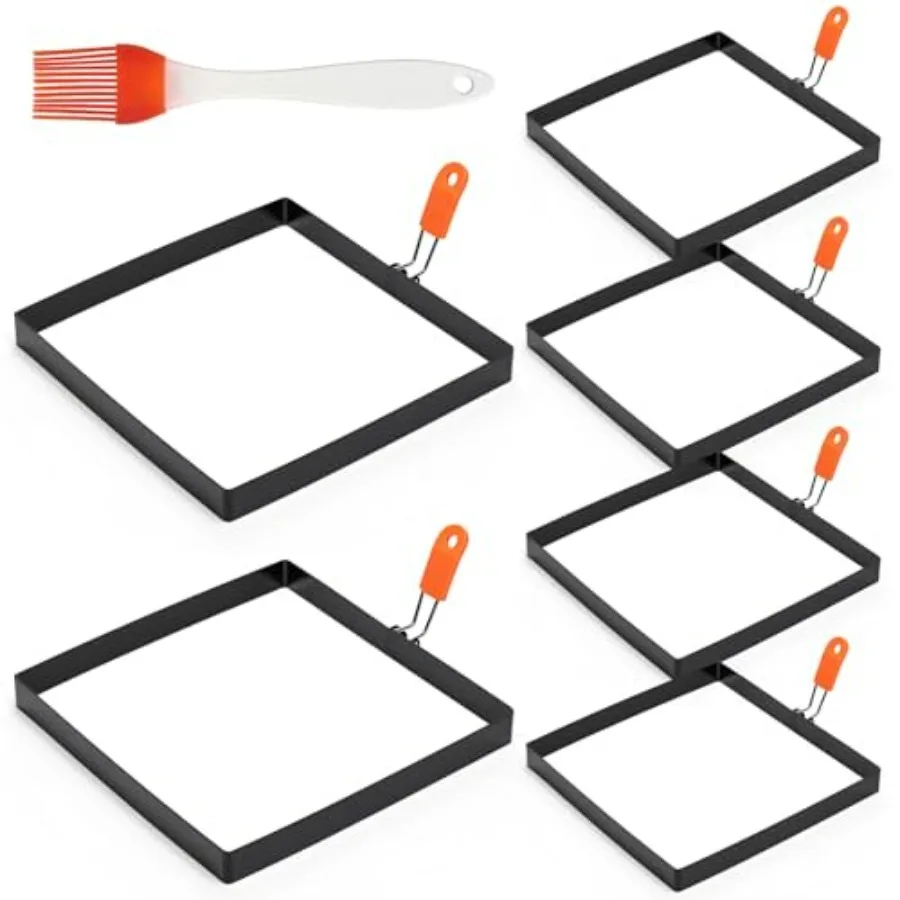 

Pack Square Egg Ring 4 and Stainless Steel Frying Egg Molds Griddle Pancake Shapers with Orange Silicone Handle Oil Brush for H