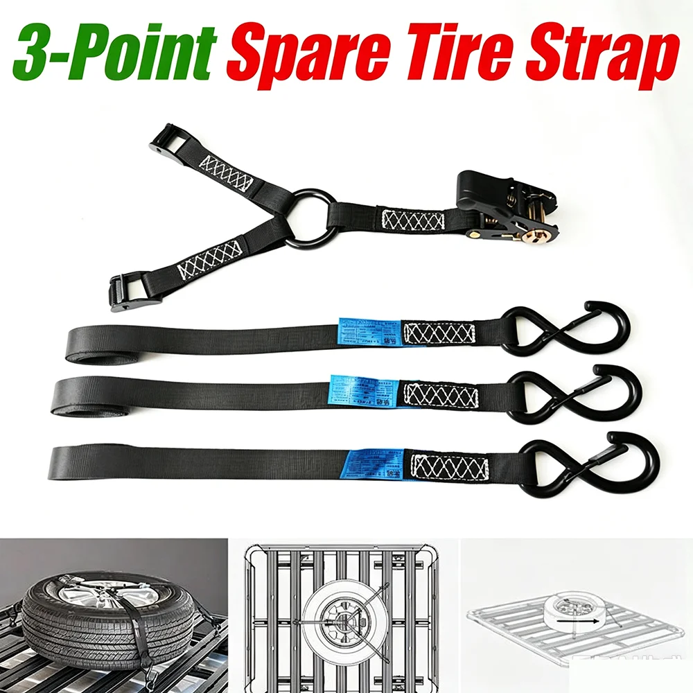3 Point Spare Tire Fixing Y Strap Tire Fastener for Roof Rack Pickup Bed UTV Offroad Roof Luggage Rack Fixing Tire Accessories