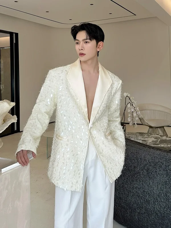 

Мужской повседневный осенний костюм с яркими пайетками, роскошный, для отдыха, сценический, высококачественный, модный, трендовый, топ-качество, куртка