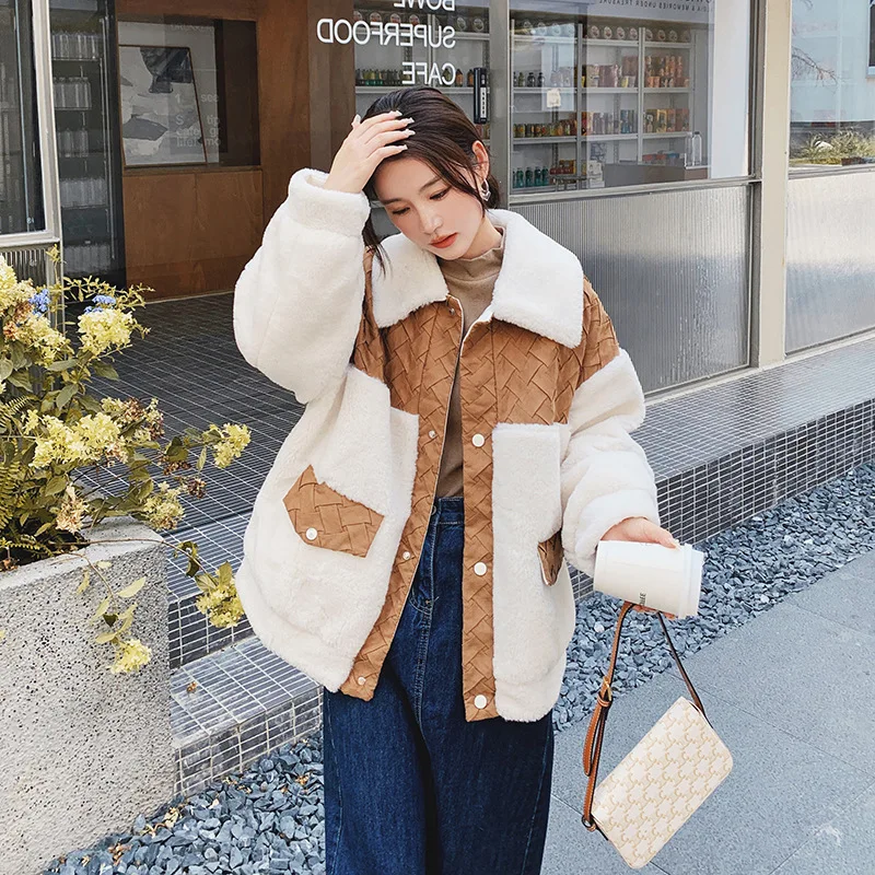 Winter New Cotton Coat Women Khaki Lamb Wool Panel Loose Warm Fashion Polo Collar Single Breasted Parkas Women