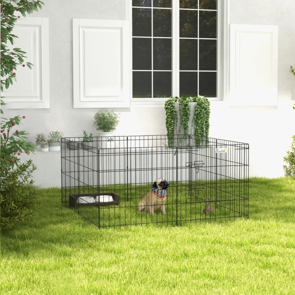 Haustier-Laufstall, Spielgehege für Welpen und kleine Hunde, mit Tür, für drinnen und draußen geeignet, 61 cm, Schwarz