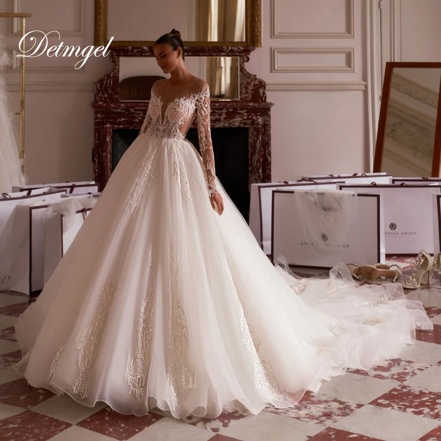 

Detmgel New Exquisite Scoop Neck A-Line Wedding Dresses Illusion Pearls Appliques Beaded Court Train Bridal Gown Customized
