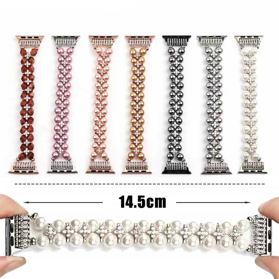 Correa de perlas para Apple Watch Band 8, joyería de acero elástica con cuentas de 49mm para mujer, Iwatch Series 7, 6, SE, 5, 4, 3, 44mm, 40mm,