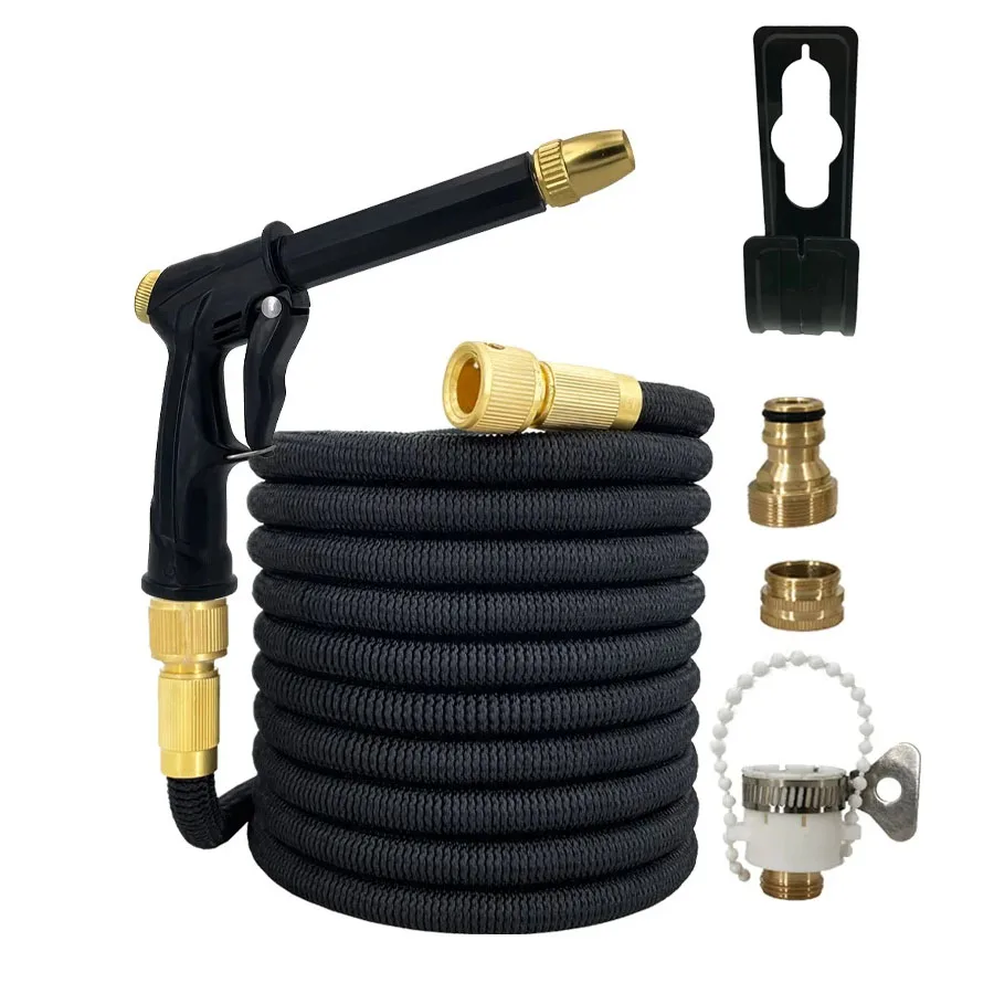 Black telescopic water pipe set, including high-pressure spray gun, all-copper connector, storage rack and adapter