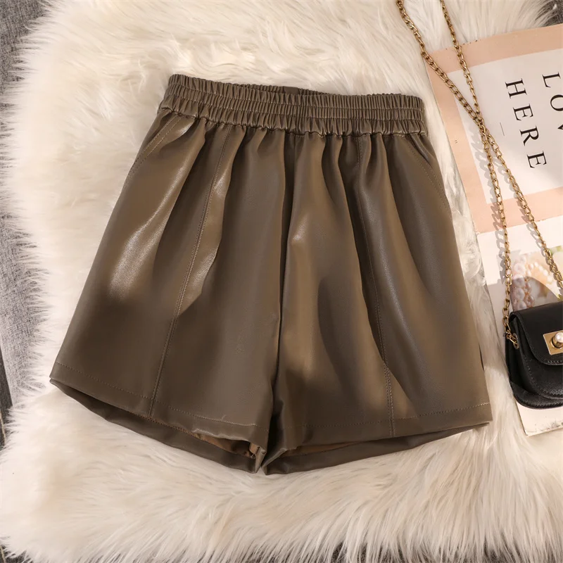 

Women 2023 Autumn Winter Fashion Elastic High Waist Shorts Female Loose Wide Leg Shorts Ladies PU Leather Casual Shorts U578