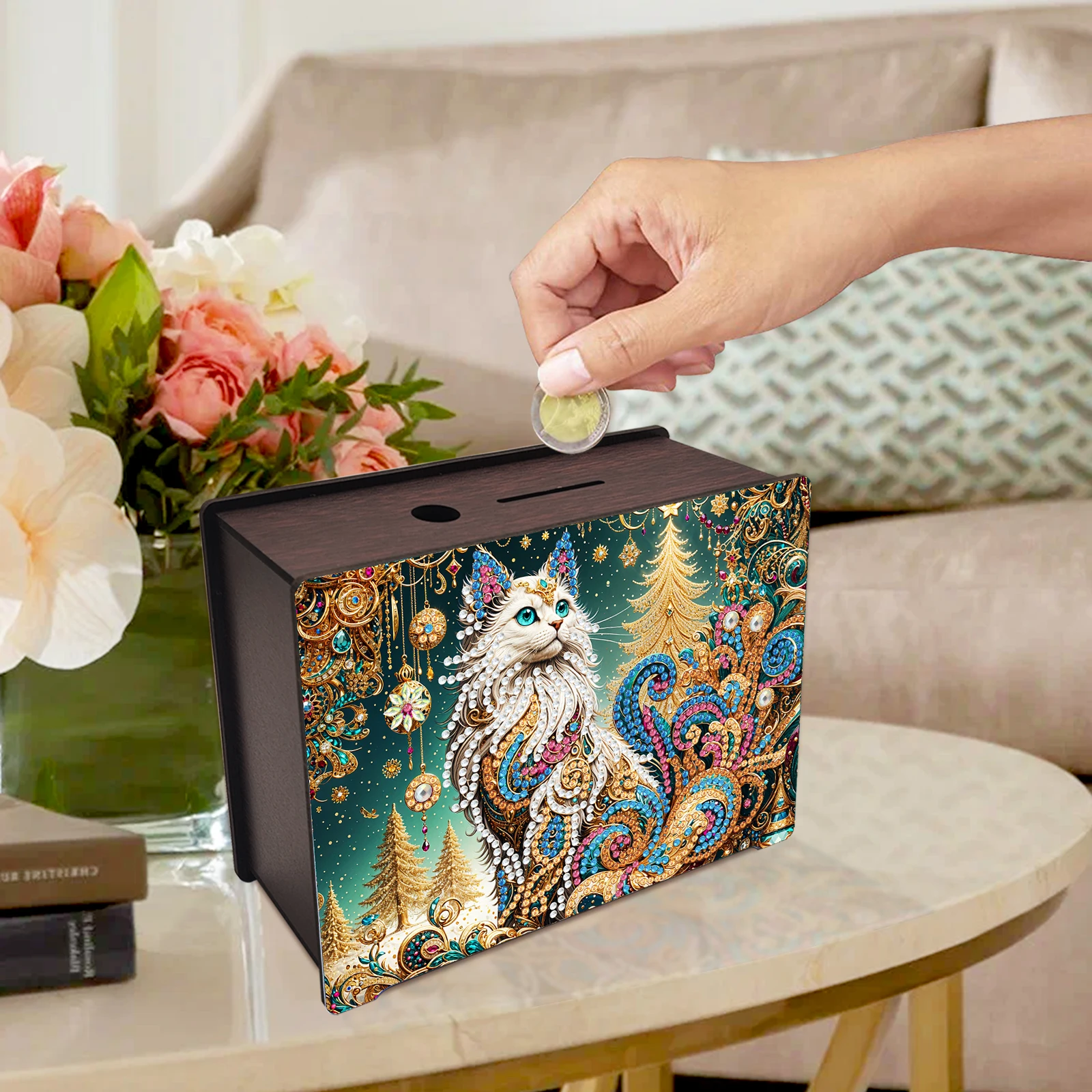 Diamond Art Painting Spaarpot Bureaudecoraties, Houten Geldbesparende Potdoos voor Cash Coin, 5D Diamond Dots Tafelornamenten