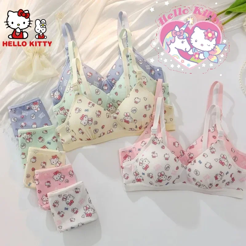 Hello Kitty Underwear Set Kawaii Cartoon Girls Sexy Bra No Wire Push Up Woman Sports Shockproof Elastic Bra Pants Women Briefs