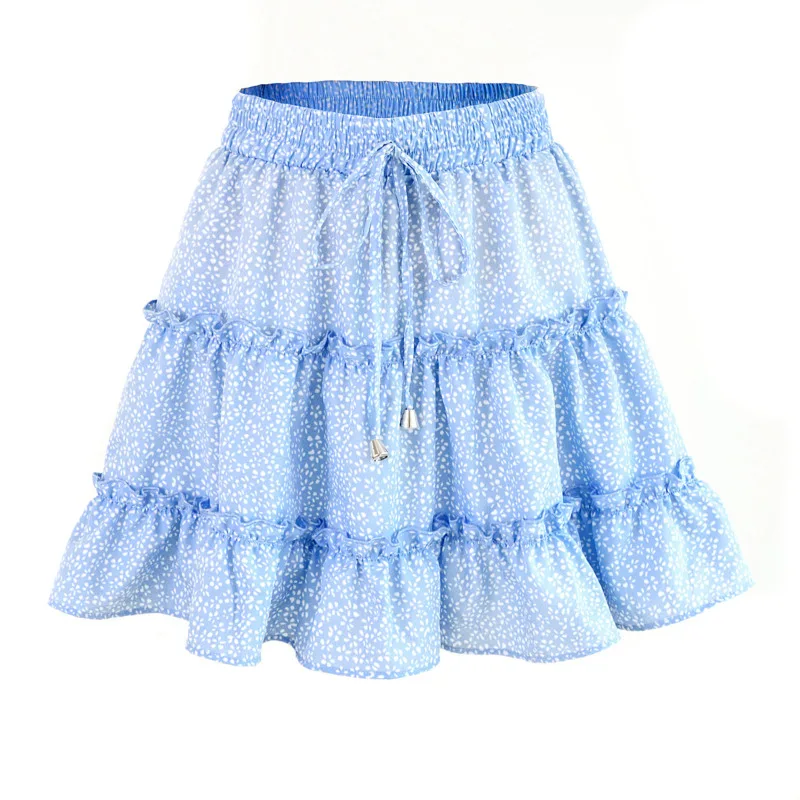 Summer 2026 White Dots Floral Print Pleated Midi Skirt Women Cotton Elastic High Waist Side Streetwear Drawstring Skirts Elegant