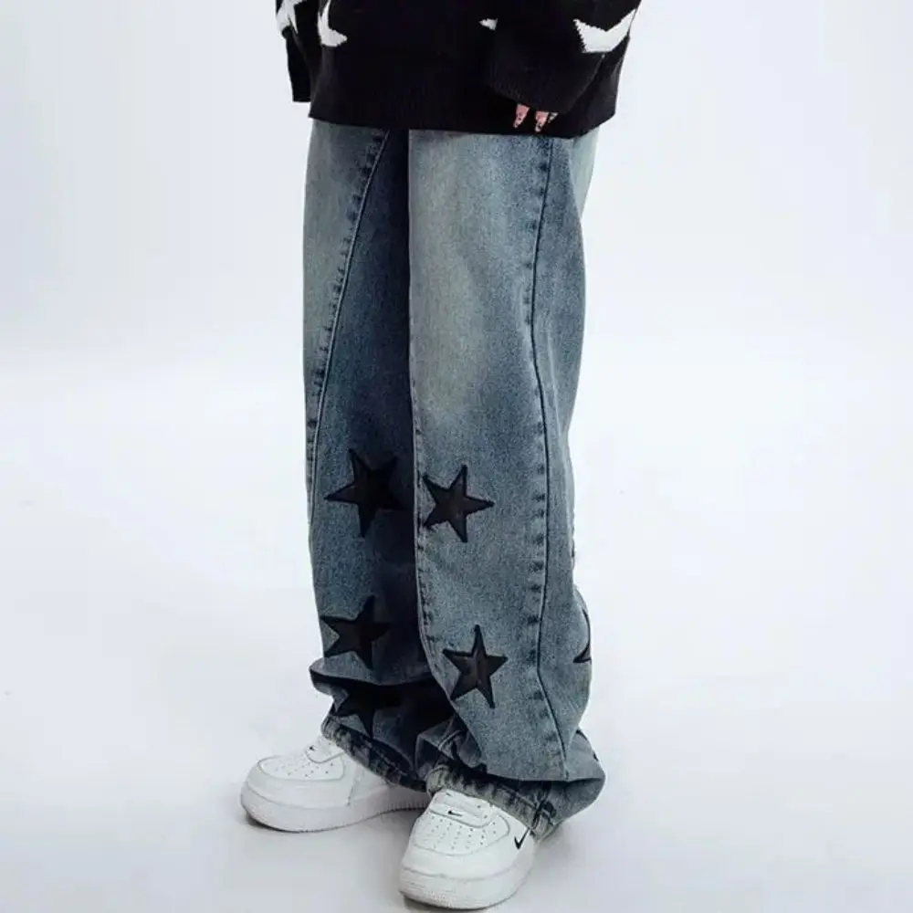 Harajuku Hip Hop Star Embroidery Oversize Jeans Men Punk Gothic Straight Wide Leg Pants Streetwear Skateboard