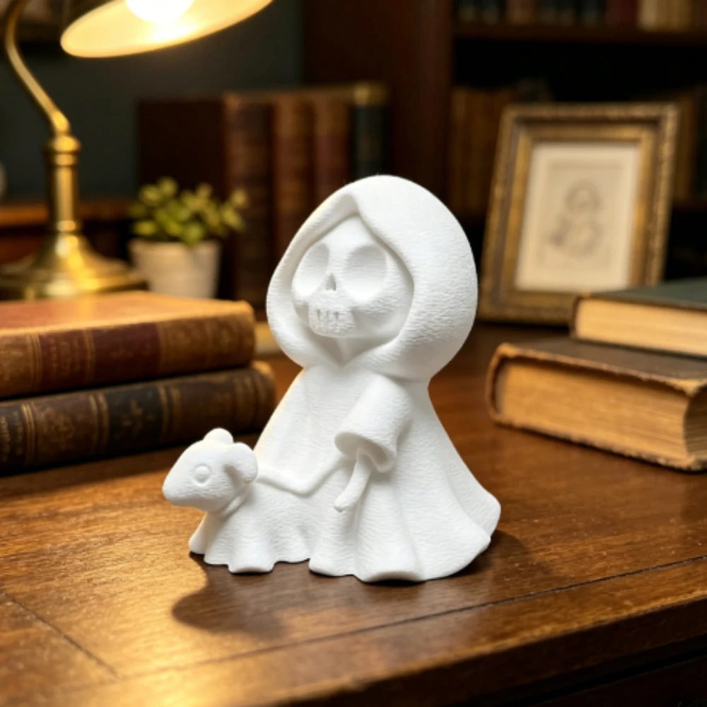 Miniature Grim Reaper Figurines with Ghost Puppy 3D Printed Cute Skeleton Ghost Walking Dog Statues DIY Paintable Tabletop Decor