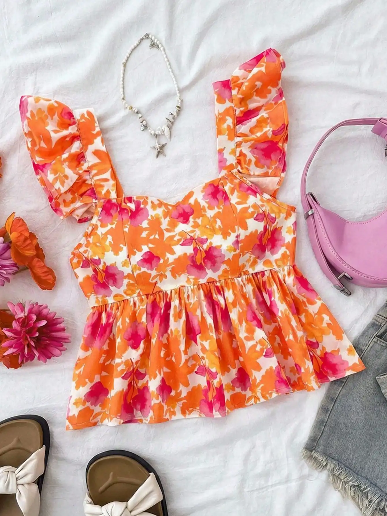 

Women Summer Floral Square Neck Babydoll Top With Flutter Sleeves Loose Chiffon Blouse