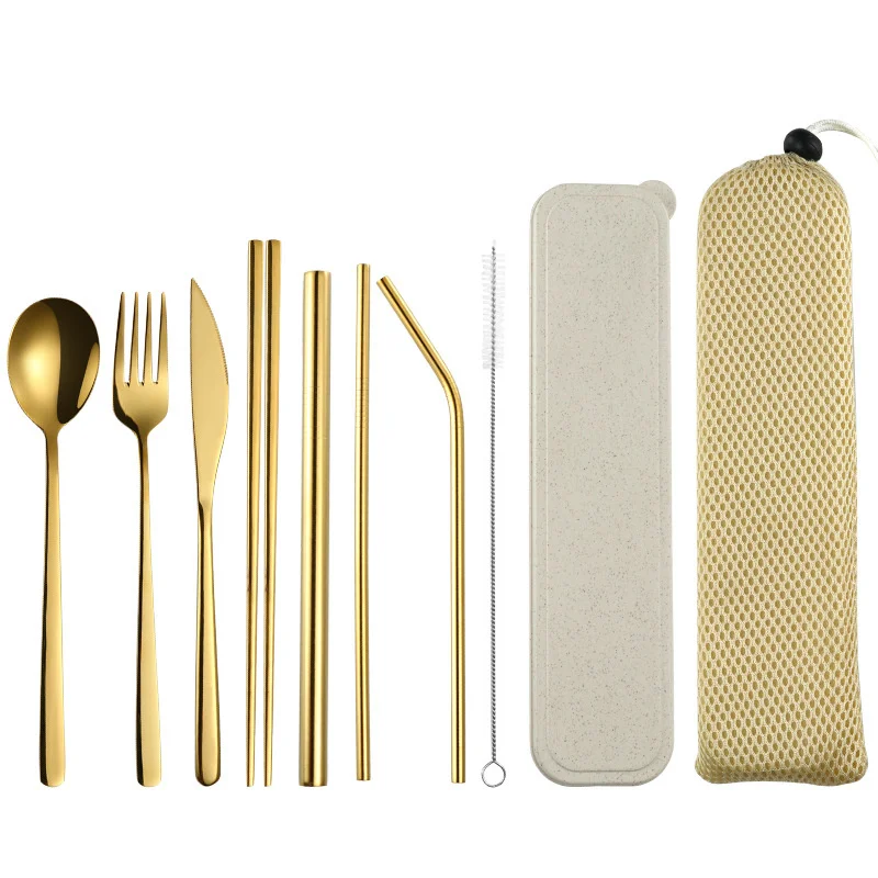 

10sets 304 Stainless Steel Tableware Set, Korean Portable Ten Piece Set, Chopsticks, Spoons, Straws, Wheat Boxes