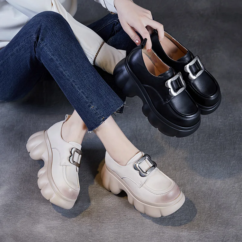 

Женские туфли-лоферы на толстой подошве, удобные для ношения на весь день, ретро-кожаные, для весны и осени, повседневные, увеличивающие рост