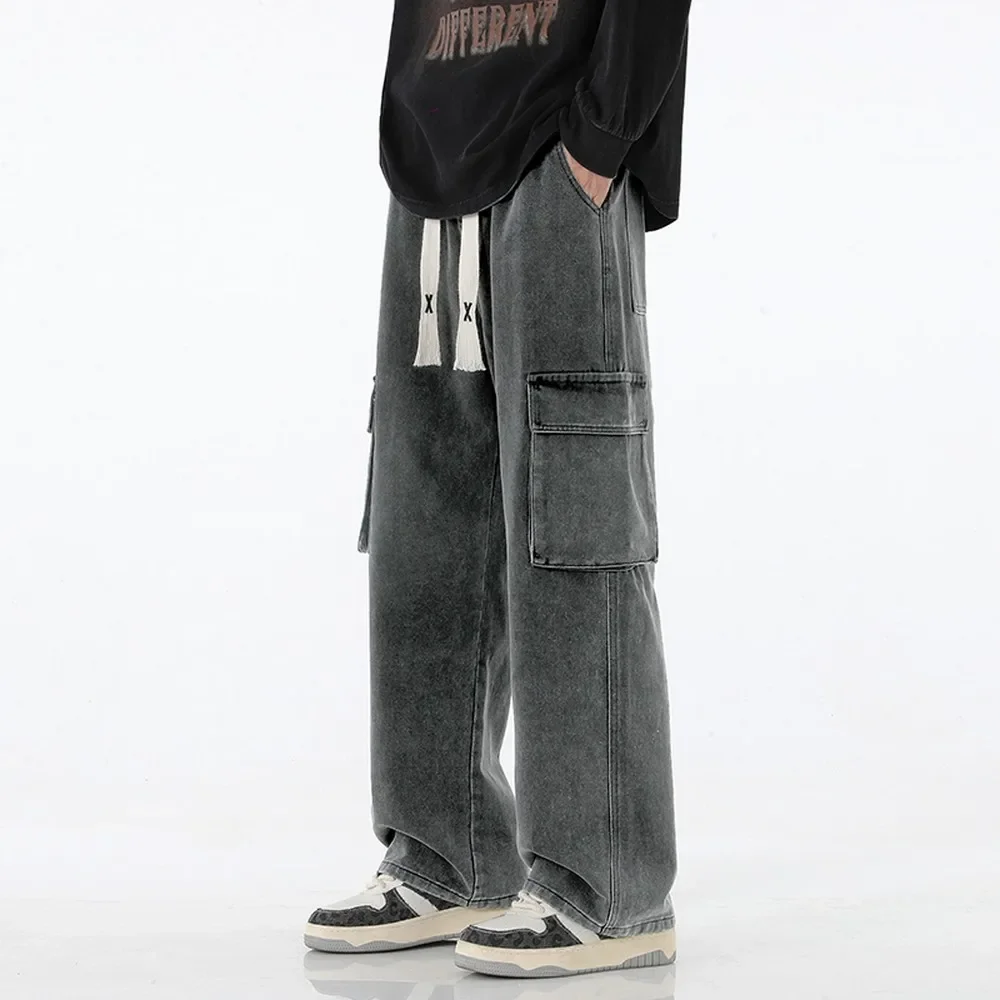 

Pop Vintage Y2K Pockets Baggy Jeans Men American Style Streetwear Straight Denim Cargo Pants Solid Washed Elastic Waist Pantalon
