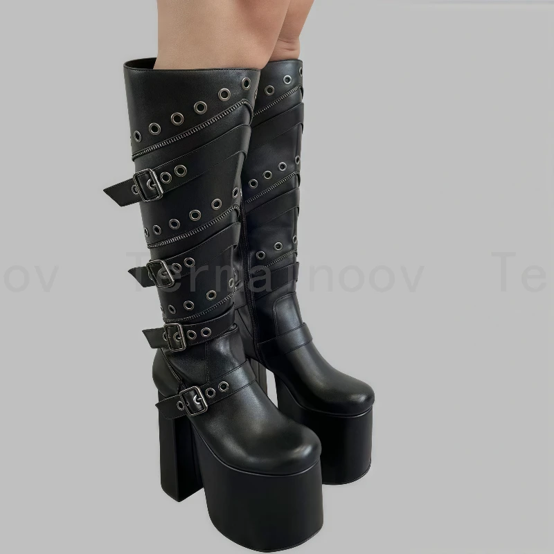 

Sexy Women High Quality Fashion Knee High Boots Platform Shoes Chunky Heel Round Toe Buckle Strap Zipper Black Boots Size 35-43