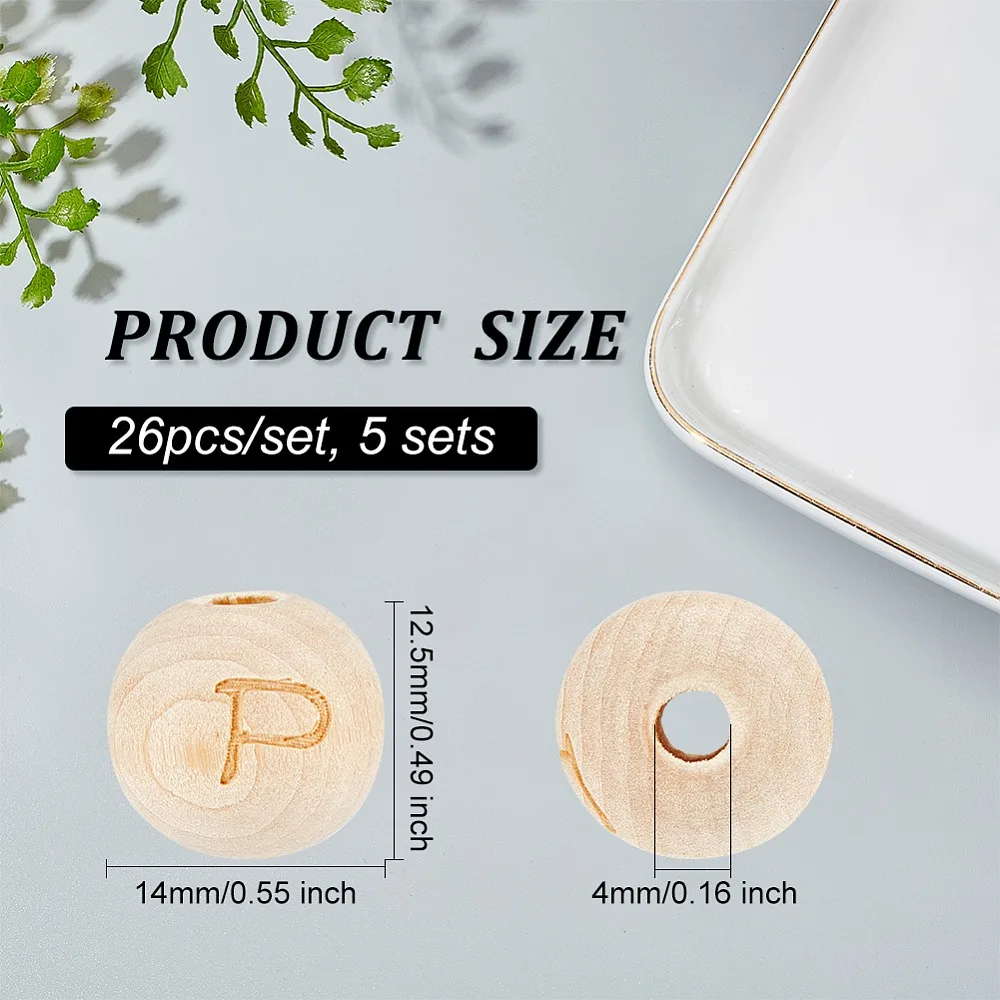 

5 Sets Alphabet Undyed Wood Beads Round with Laser Engraved Letter A~Z BurlyWood 14x12.5mm Hole: 4mm 26pcs/set
