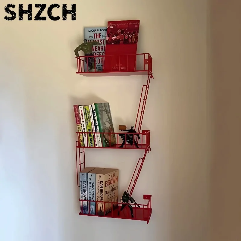 Fire Escape Wall Shelf, 3-Tier Metal Ladder Organizer, Heavy Duty Entryway Basket, Industrial New York Shelving