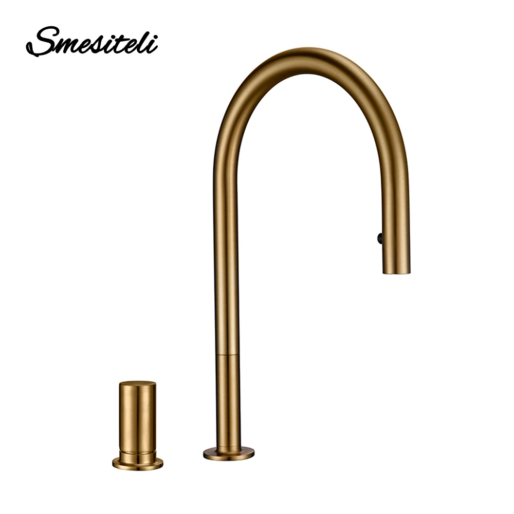 Smesiteli New Faucet Invisible Pull Out Sprayer Head Double Hole Single Handle Hot And Cold Solid Brass Kitchen Sink Mixer Tap