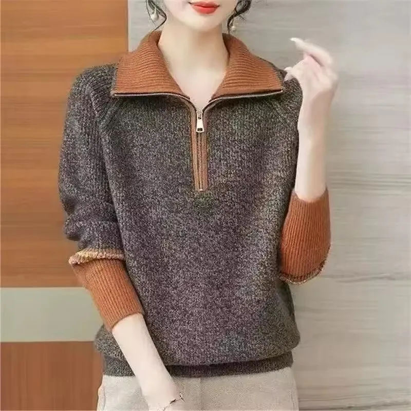 

Lapel Zipper Sweater Jacket Women New Autumn Winter Korean Pullover Coat Female Fake Two-Piece Knitwear Bottoming Shirt Lady Top