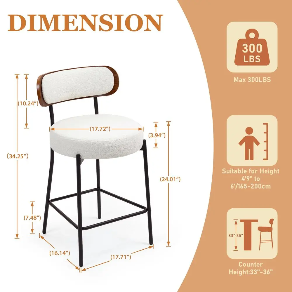 

White Bar Stools Set of 4, Modern Counter Height Bar Stools, Boucle Bar Stools with Wood Back for Kitchen Island, holstered F