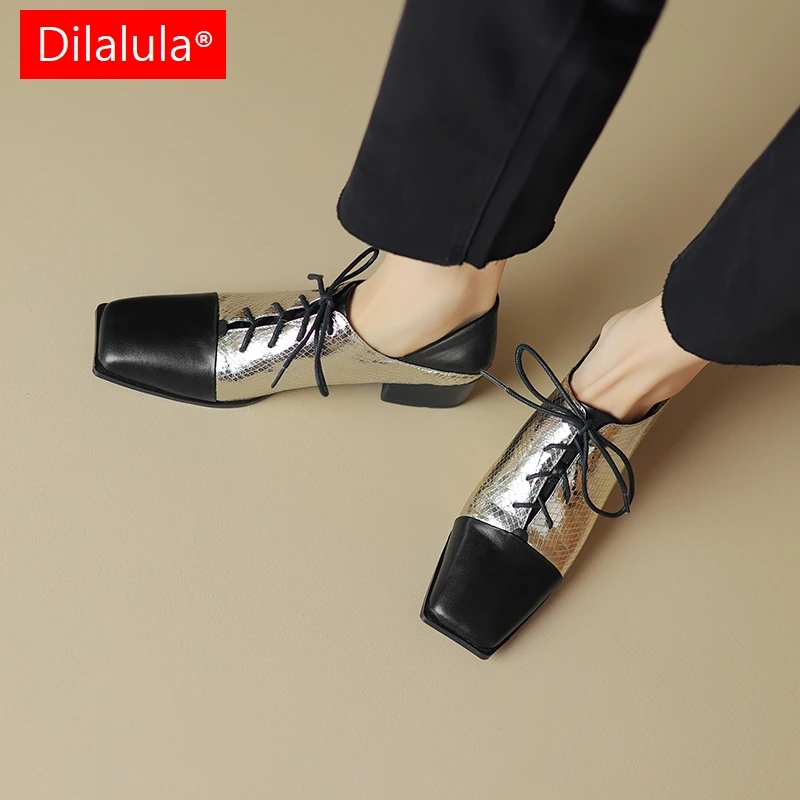 Dilalula 2024 New Fashion Metallic Microfibre Mixed Color Women Cow Leather Pumps Square Toe Thick Heels Classic Lace Up