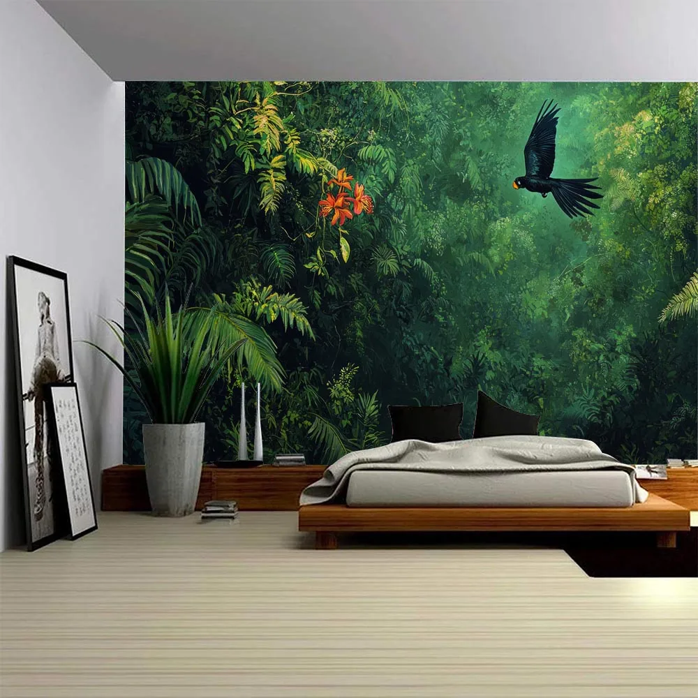 

Tropical Rainforest and Bird Wall Tapestry Vibrant jungle scenes, lush leaves, colorful birds, and the misty sunshine of Durabu