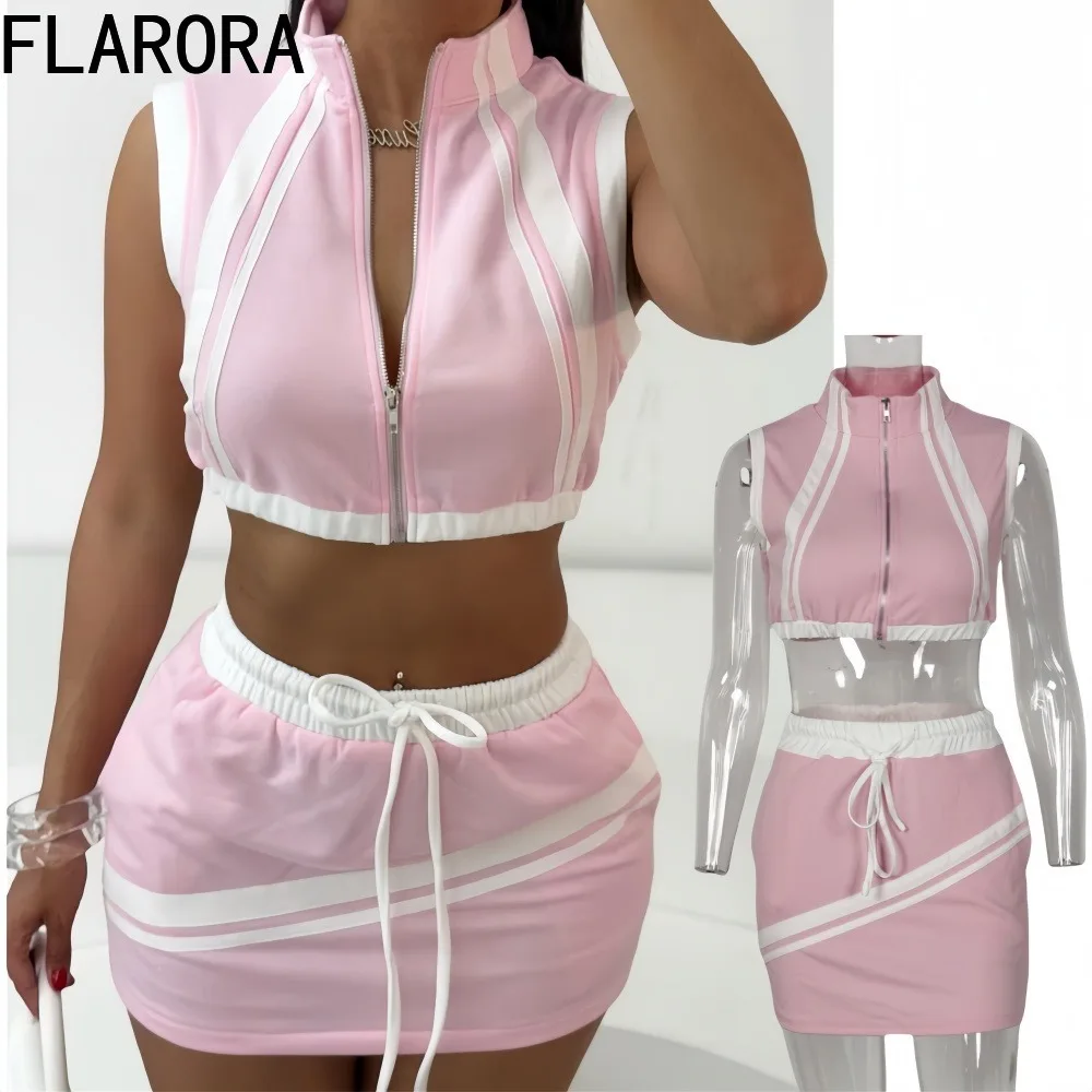 

FLARORA Fashion Stripe Patchwork 2 Pcs Sets Woman Sleeveless Zipper Slim Crop Tops+Drawstring Skirts Outfits female Tracksuits