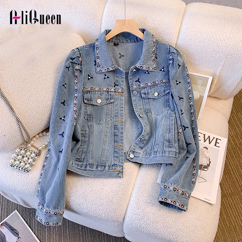 

Spring Fall Women Vintage Blue Puff Full Sleeve Embroidery Short Loose Denim Jacket Female Casual Jean Jacket Coats Jaquetas