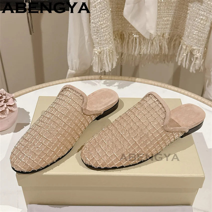 Shiny Lace Mesh Round Toe Flat Slippers for Women Bling Bling Low Heels loafers Shoes Summer Casual Fashion Walk Shoes Mujer view 3