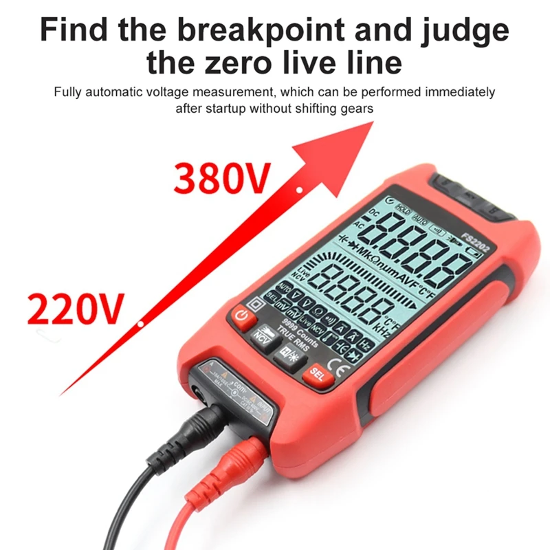 FS2202 Auto Range Multimeter 9999 Counts TRMS AC DC Voltmeter Amp NCV Resistance Capacitance Tester Orange