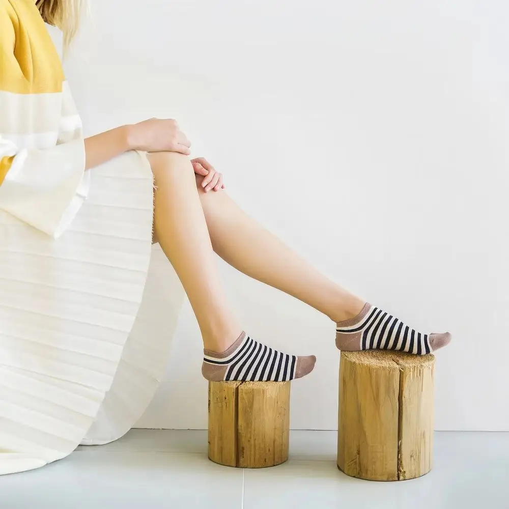 SHXI 5 Pairs of Low Tube Women's Socks Spring Summer Tricolor Stripe Cotton Socks Women's Funny School Girls Casual Ankle Socks