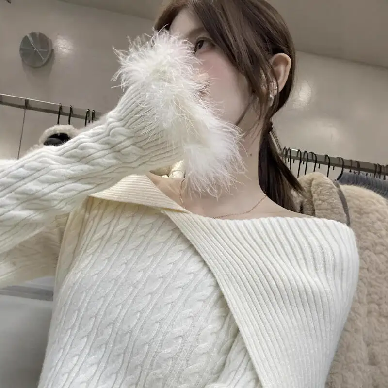 

Women's Clothing Autumn and Winter New Woolen Sleeves Off-The-Shoulder Lapel Knitwear Sweater Tops Long Sleeves Fashion Sexy