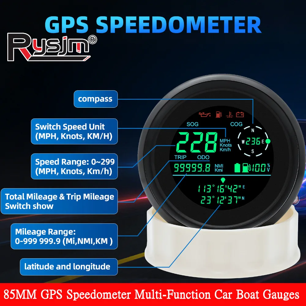 Digital 85MM GPS Speedometer Gauge with Antenna Multi-Function Speed Gauge TRIP ODO COG Fuel Level Oil Press Water Temp Voltage
