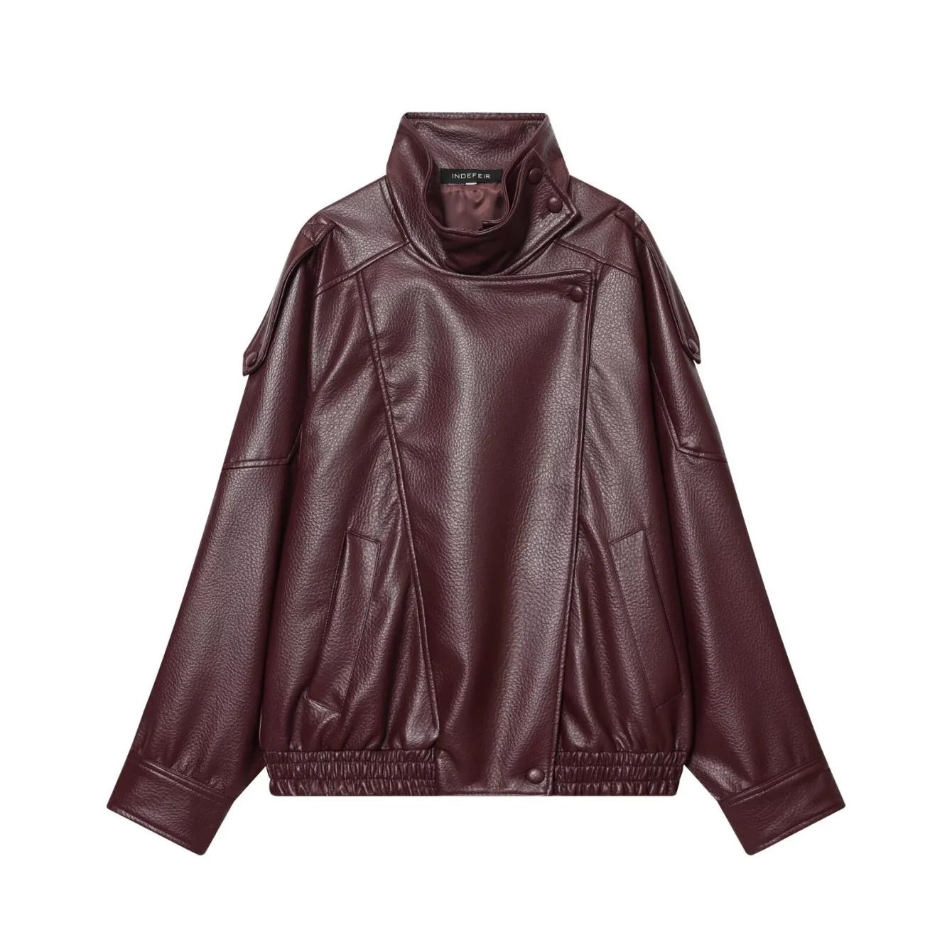 Giacca da donna in pelle con colletto alla coreana allentato Tasche con cerniera a maniche lunghe femminili Cappotti chic Primavera Autunno Nuove giacche da donna Streetwear
