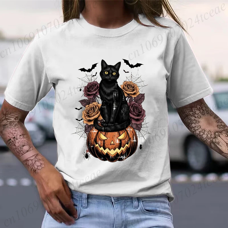 Halloween Skull Bow Pumpkin Shirt Funny Retro Black Cat Tee T-Shirts Spooky Season Graphic T Shirt for Women Short Sleeve Tops