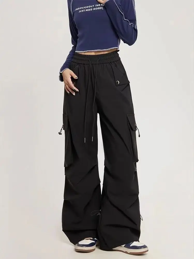 HOUZHOU Y2k Baggy Black Cargo Pants Vintage Woman Oversize Sweatpants Korean Fashion Harajuku Streetwear Pleated Trousers Pocket