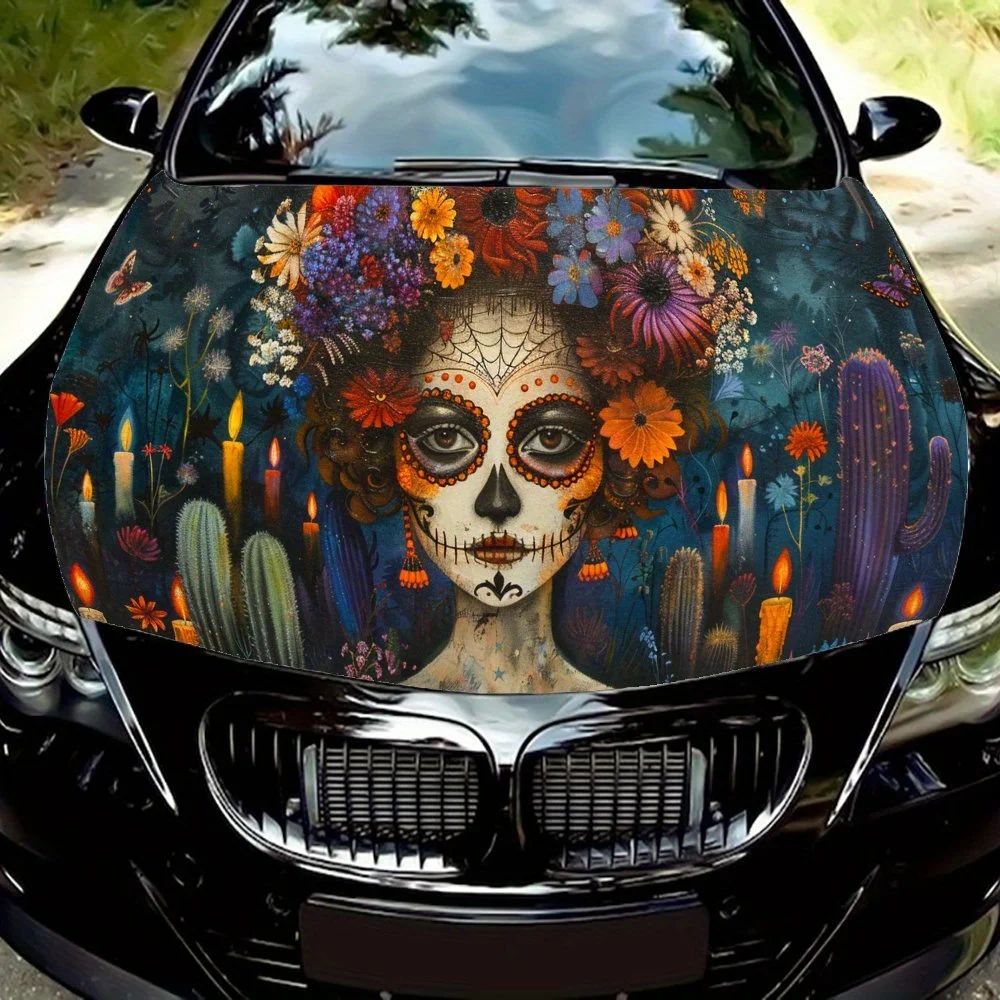 

Sugar Skull Woman Car Engine Hood Sticker, Self Adhesive Waterproof and Anti-scratch Car Cover Vinyl Wraps Decal, Universal PVC