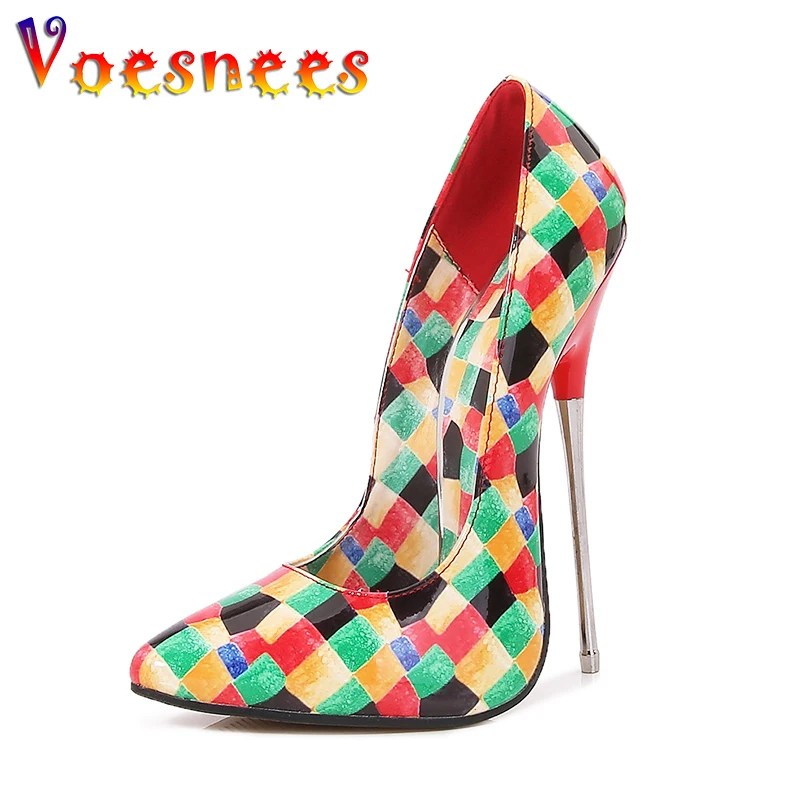 Voesnees 2023 New Sexy Pointed Toe Women's Pumps 16CM Mixed Color Role-player High Heels Large Size Fashion Printing Party Shoes