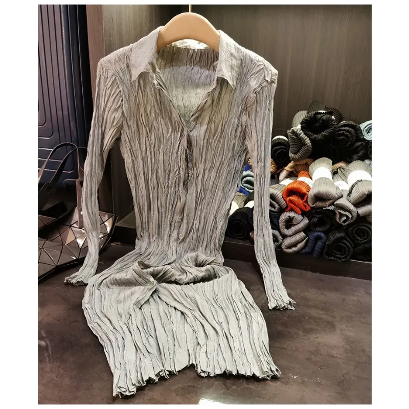 Miyake-vestido plisado para mujer, vestido camisero de Color sólido con pliegues de sentido para personas mayores, falda de longitud media plisada con solapa fina de verano 2025
