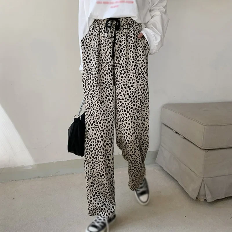 Calças casuais femininas com estampa leopardo de cintura alta, streetwear feminina, moda outono, calças largas de perna larga, calças de venda quente, 2023