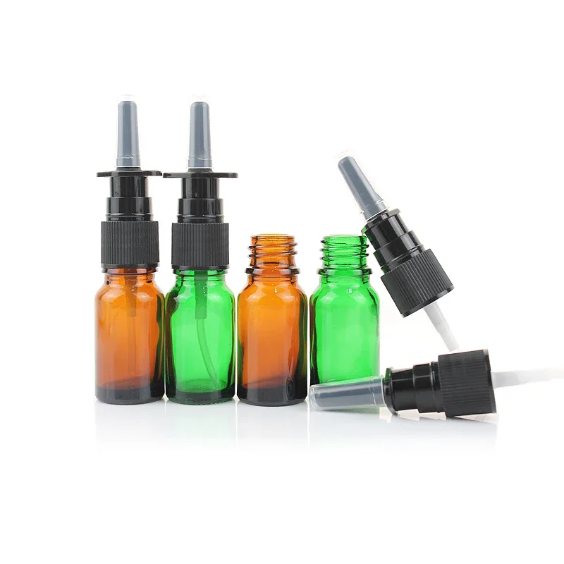10pcs/30pcs/50pcs 10ml Empty Amber Green Glass Nasal Spray Bottle Atomizer with Black Leakproof Nasal Sprayer Top