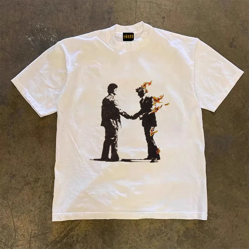 Pure Cotton Short Sleeve T-Shirt Double Thread Loose Fit Men's Style Breathable Summer Fashion Retro American Couple Tops